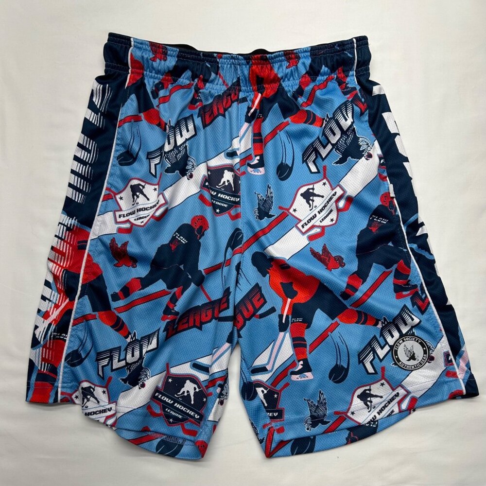 Flow Society Youth XL Hockey Themed Athletic Shorts Blue & Red